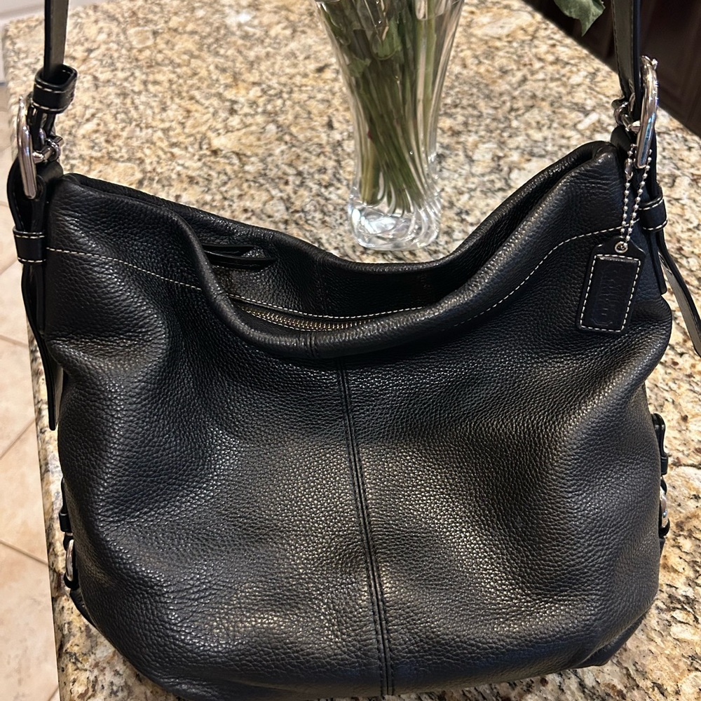 Coach Duffle Black Pebble Leather Hobo Shoulder Bag Convertible